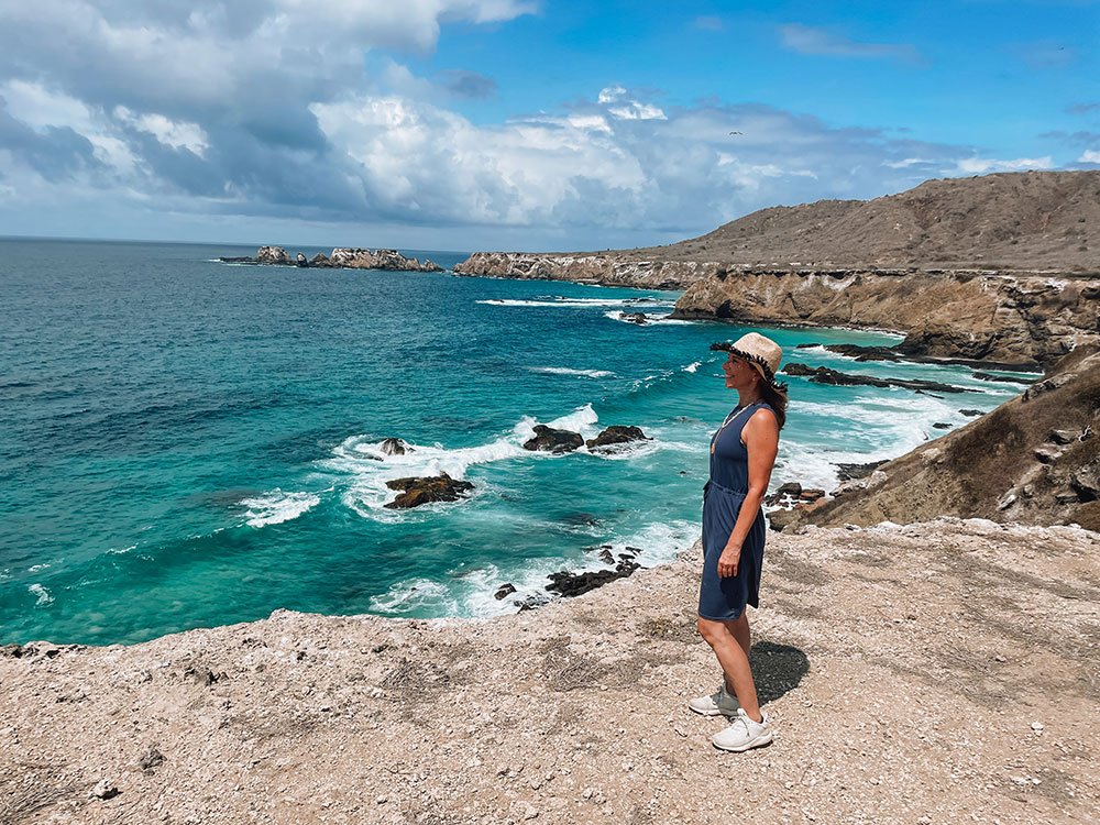 Panoramic view of Los Frailes beach with turquoise waters and coastal cliffs in Ecuador.